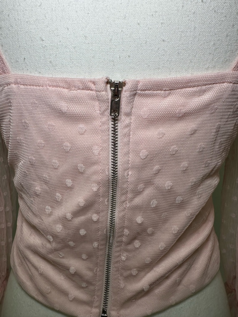 Pink Polka Dot Ruched Mesh Crop Top Sheer Sweetheart Feminine Romantic Y2K 90s S - Picture 6 of 12